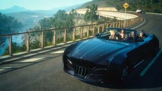 The Final Fantasy 15 gang in their sleek, black, convertible car, driving along a cliff-side road overlooking a splendid view.