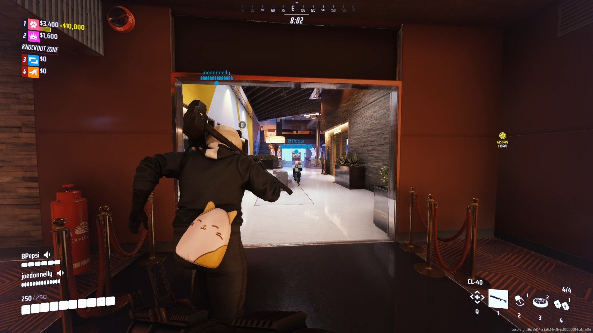 A screenshot of a match in action in The Finals. Bertie&rsquo;s group runs through shiny casino hallways. Directly in front of Bertie is a large player character with a sledgehammer slung over their back, and a kawaii bun bag.