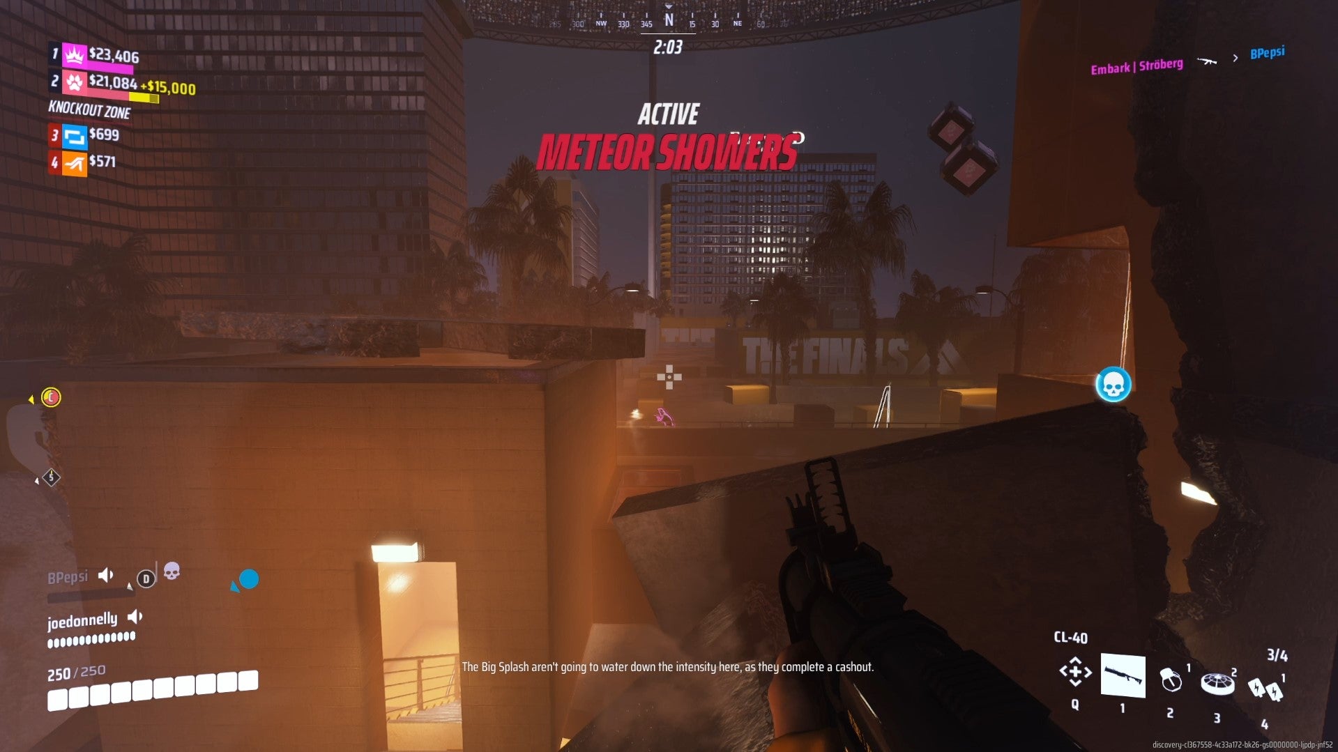 A screenshot of a match in action in The Finals. We see from Bertie&rsquo;s character&rsquo;s POV. They are on standing on a roof that has been broken into pieces, and they&rsquo;re aiming a gun at a character on another rooftop nearby.