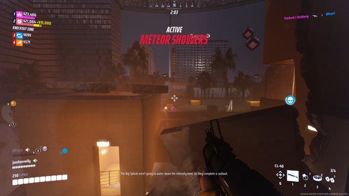 A screenshot of a match in action in The Finals. We see from Bertie's character's POV. They are on standing on a roof that has been broken into pieces, and they're aiming a gun at a character on another rooftop nearby.