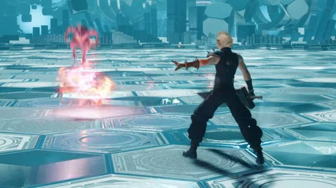 Cloud roasts an enemy with fire in Final Fantasy 7 Rebirth.
