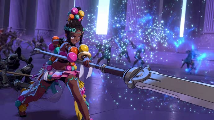 Fire Emblem Engage best class for each character: A young anime woman with dark skin and black hair, wearing brightly colored baubles in her hair, is wielding a large spear against a group of indistinguishable foes