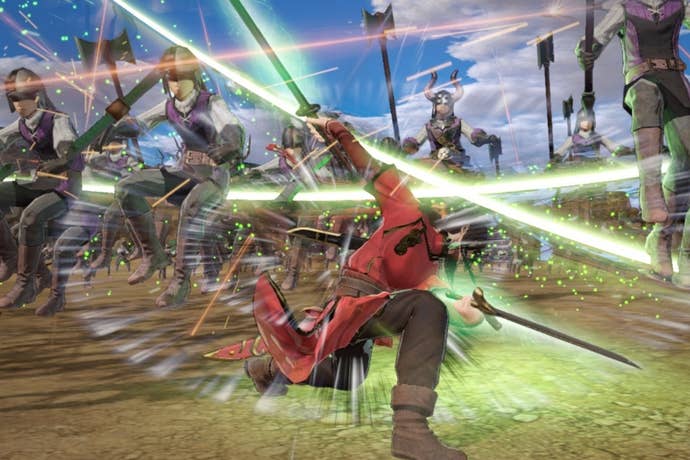 A Fire Emblem character knelt with two swords, defending against some enemies attacking with halberds.
