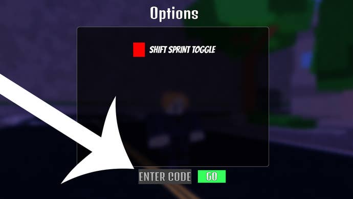 Arrow pointing at the menu used to redeem codes in Roblox game Fire Force Online.