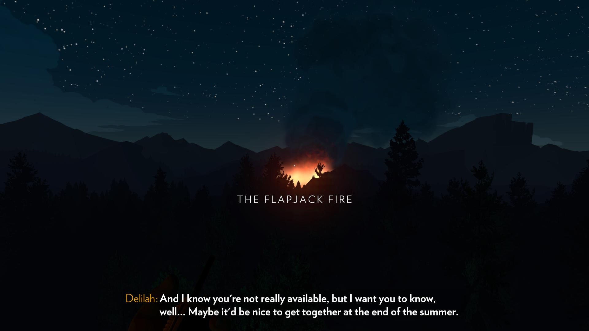 Henry and Delilah share a private moment before a fire in Firewatch