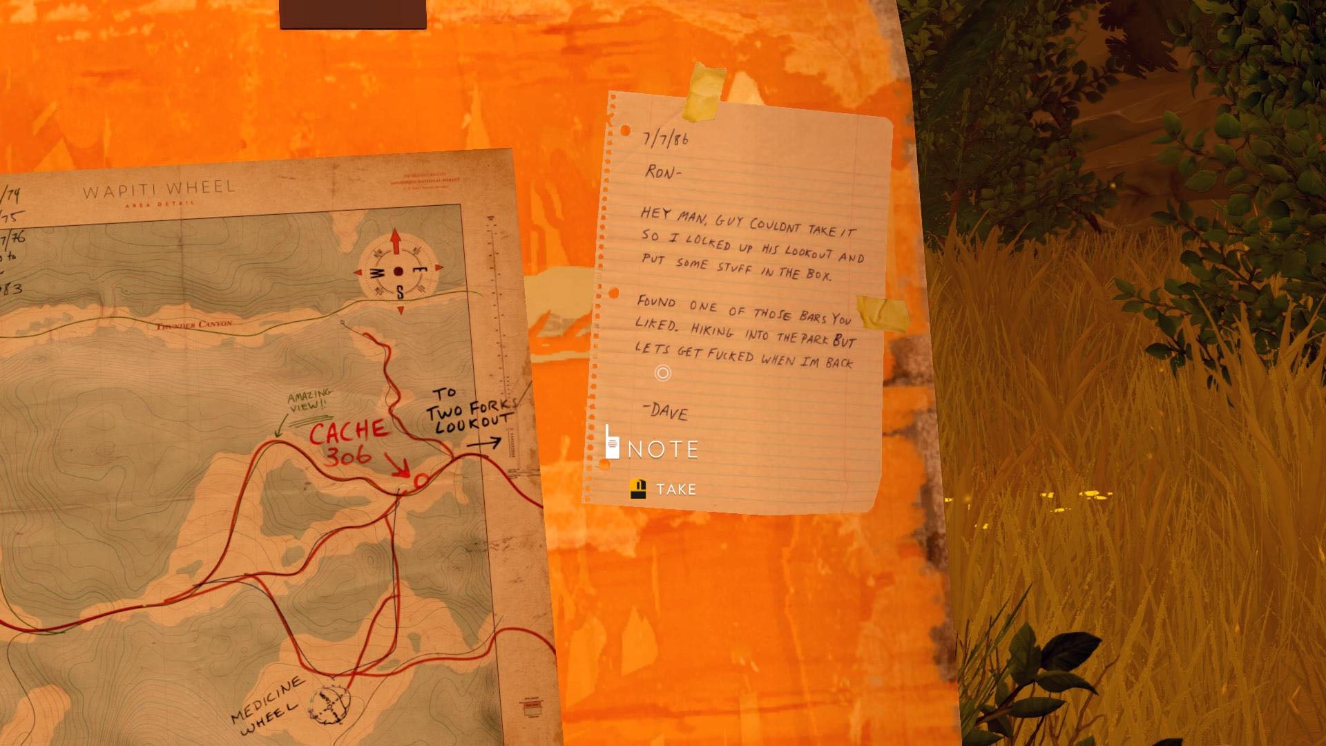 Henry reads a note left in a lockbox in Firewatch