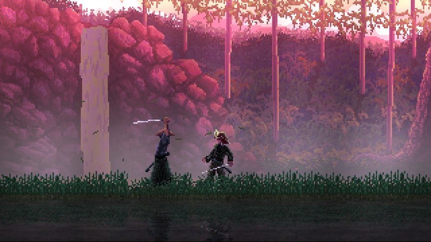 The player raises their sword to strike in a beautiful 2D pixel art environment in First Cut: Samurai Duel.