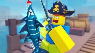 Artwork for the Roblox game Fisch, showing a Roblox character wearing a pirate hat looking shocked at the fish they caught.