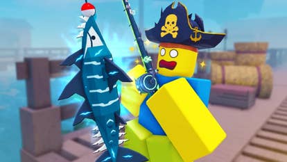 Artwork for the Roblox game Fisch, showing a Roblox character wearing a pirate hat looking shocked at the fish they caught.
