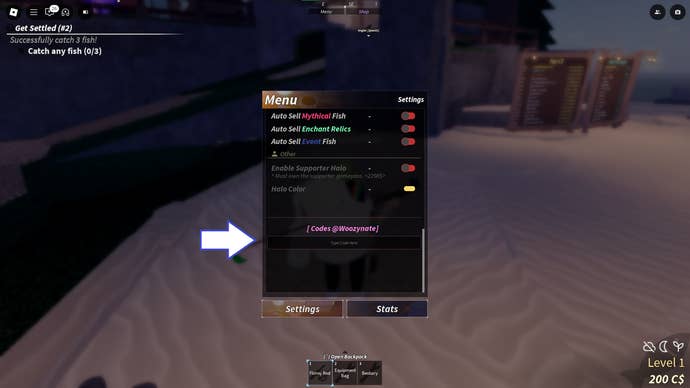 A screenshot of Fisch in Roblox showing the game's codes field.