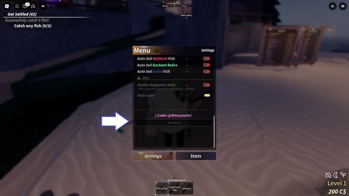 A screenshot of Fisch in Roblox showing the game's codes field.