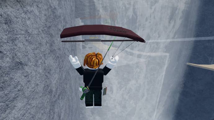 A Roblox character gliding towards the entrance of the Ancient Archives in Fisch.