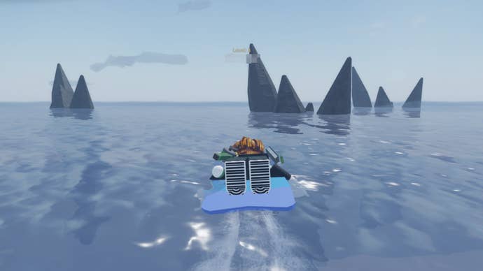 A Roblox character approaching obstacles on a surfboard as they head towards the Ancient Isle in Fisch.