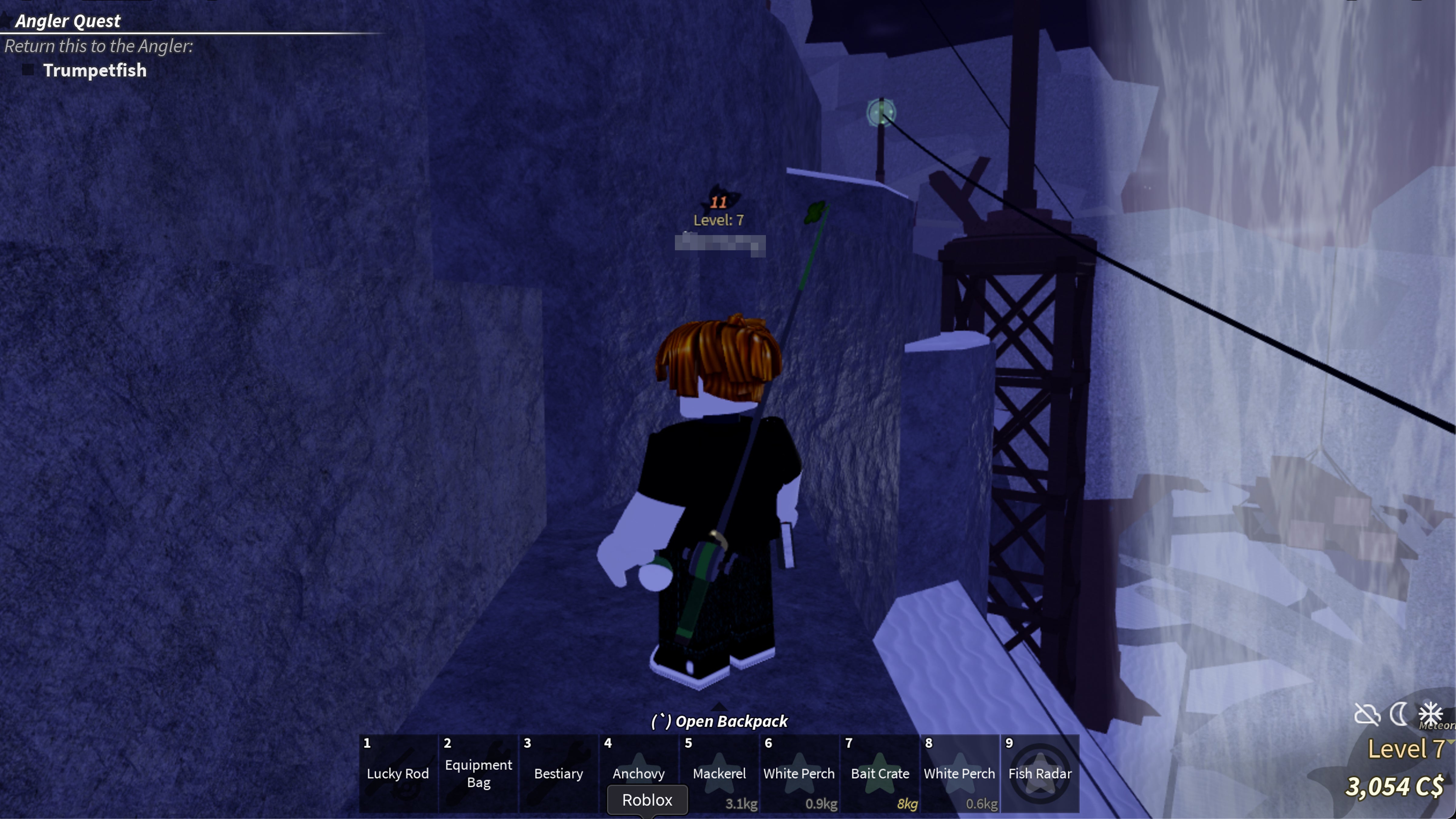 A Roblox character standing by a waterfall on the Ancient Isle, with a zipline nearby in the game Fisch.