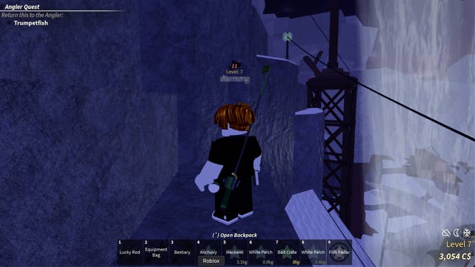 A Roblox character standing by a waterfall on the Ancient Isle, with a zipline nearby in the game Fisch.