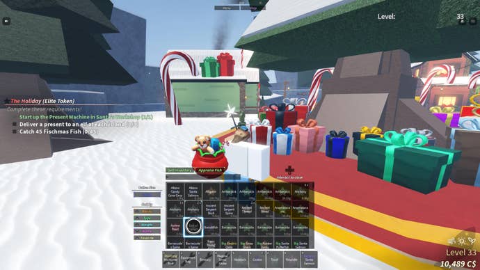 A fisherman holding a bag of presents in Fisch.