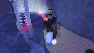 A fisherman catching a giant fish in the Ancient Isle in the Roblox game, Fisch.