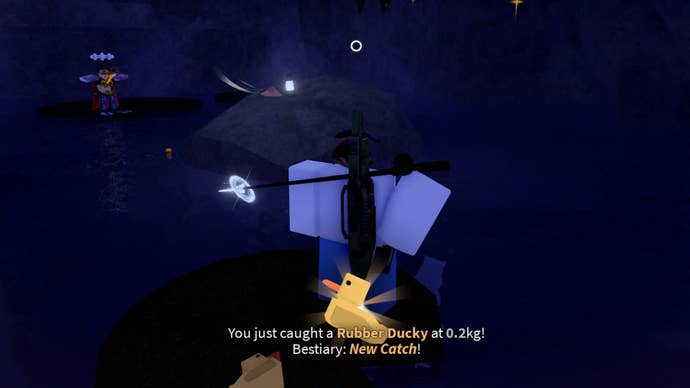 A fisherman catching a Rubber Ducky in the Roblox game, Fisch.