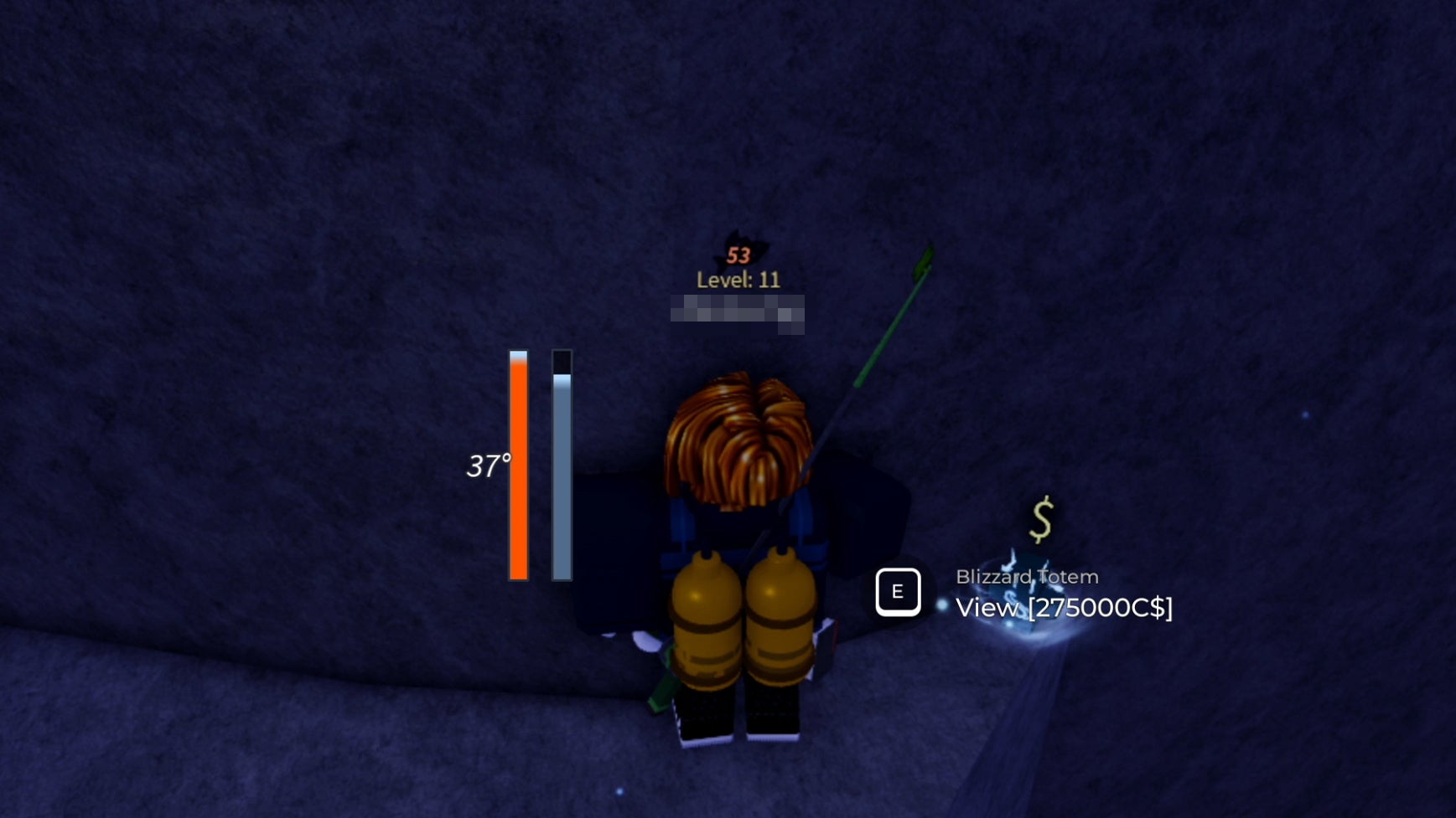 A Roblox character standing next to the Blizzard Totem in Fisch.