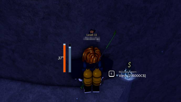 A Roblox character standing next to the Blizzard Totem in Fisch.
