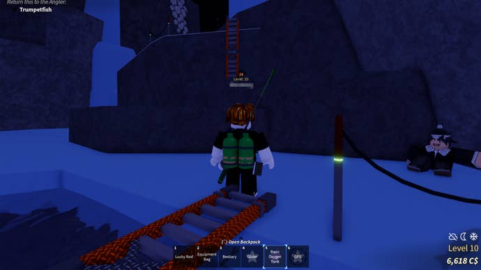 A Roblox character standing near a ladder that can be climbed in Fisch.