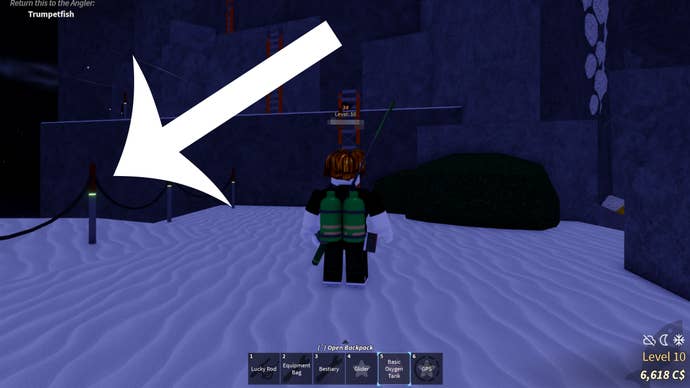 An arrow pointing to the posts indicating the routes players must take to climb the Northern Expedition Mountain in Fisch.