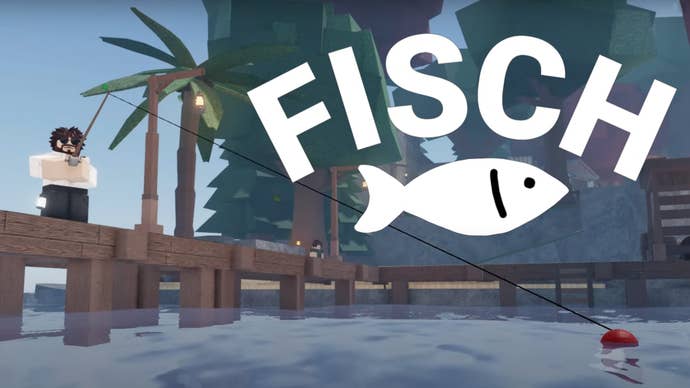A character throwing a fishing line out to sea in the Roblox game Fisch.