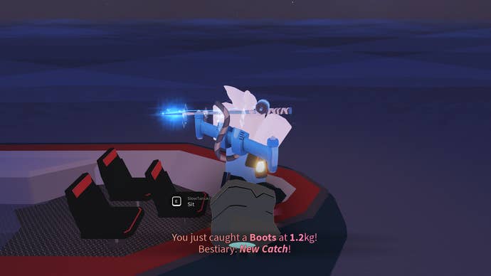 A Roblox character catching some boots in Fisch.