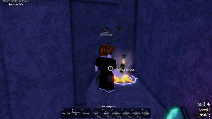 A Roblox character standing by the Eclipse Totem, that’s available to buy on the Ancient Isle, in the game Fisch.