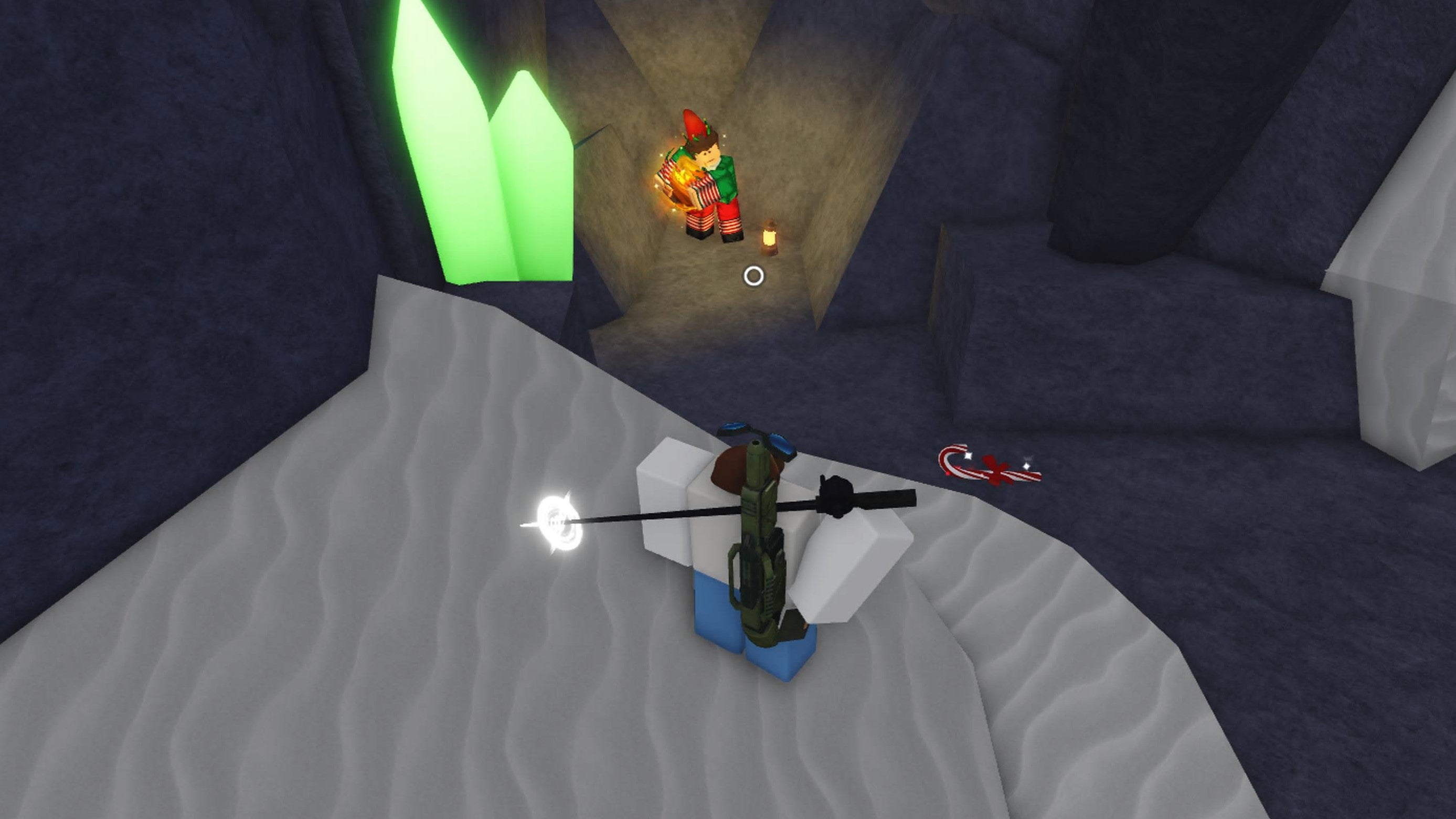 A fisherman standing over the Runaway Elf in Fisch.