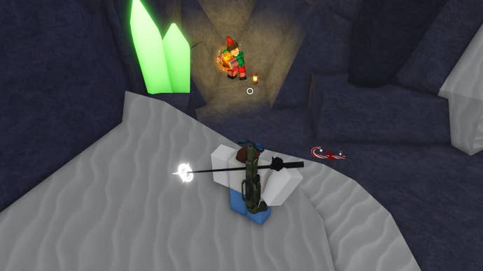 A fisherman standing over the Runaway Elf in Fisch.