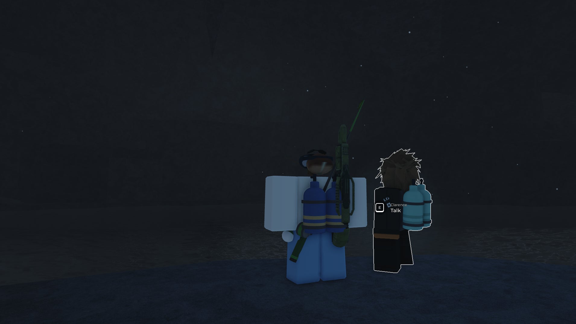 A fisherman with a fishing rod and diving gear standing next to Clarence, a deep sea diver, in the Roblox game, Fisch. - 4