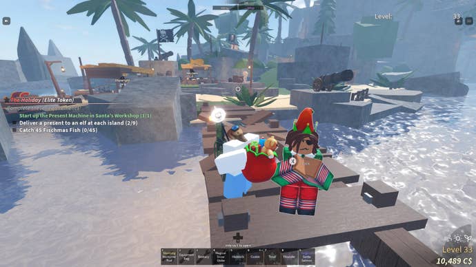 A fisherman speaking to the Forsaken Shores Elf in Fisch.