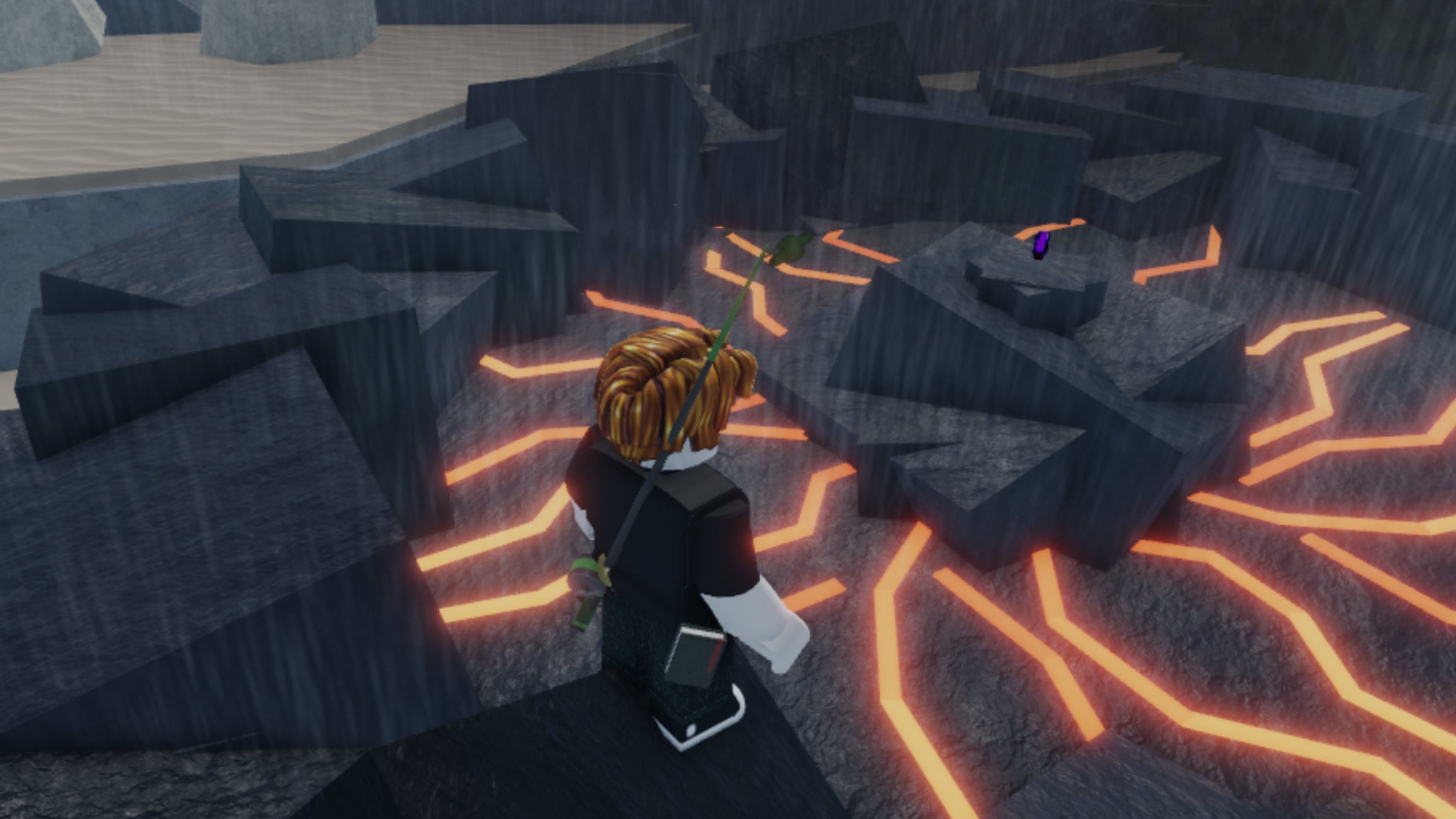 A Roblox character standing by a meteor with a gemstone in it in Fisch.