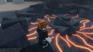 A Roblox character standing by a meteor with a gemstone in it in Fisch.
