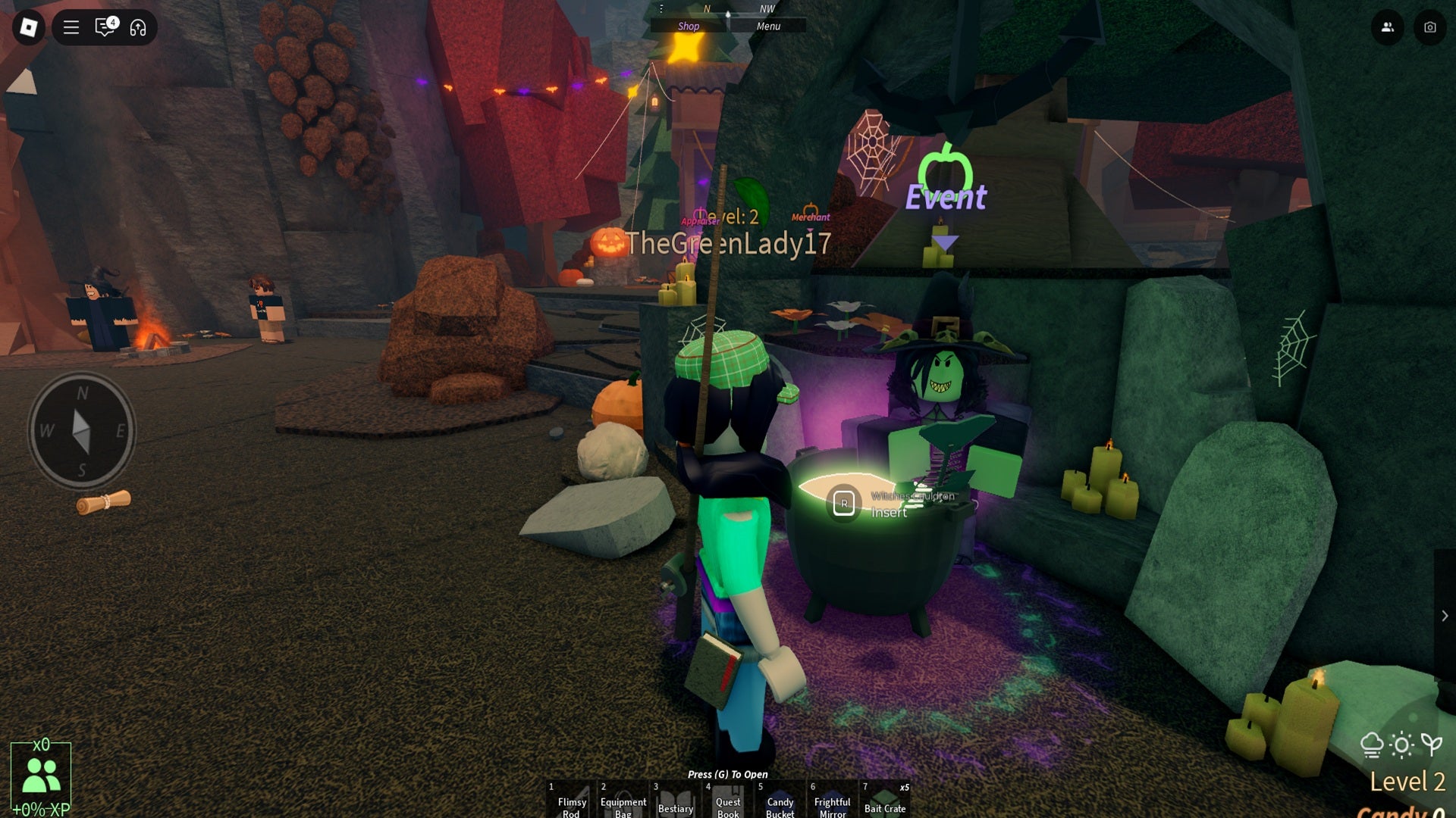 A Roblox character approaches the Fisch Witch at her cauldron and contemplates donating ingredients as part of Fisch's Halloween event. - 3