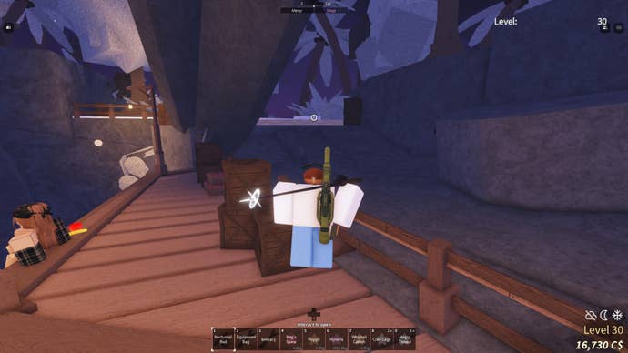 A fisherman standing next to Rhea on the top of Sunstone Island in Fisch.