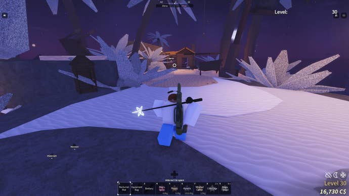 A fisherman walking towards Merlin’s hut on Sunstone Island in Fisch.