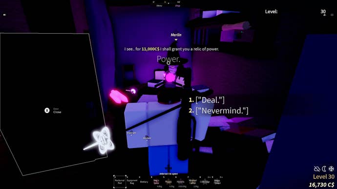 A fisherman talking to Merlin about an Enchant Relic in Fisch.