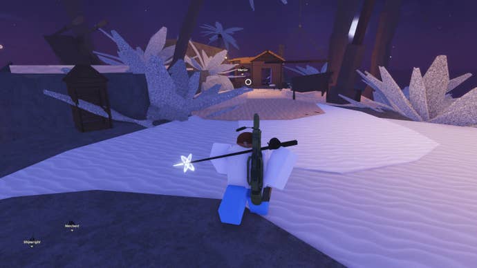 A fisherman walking towards Merlin’s hut in the Roblox game, Fisch.