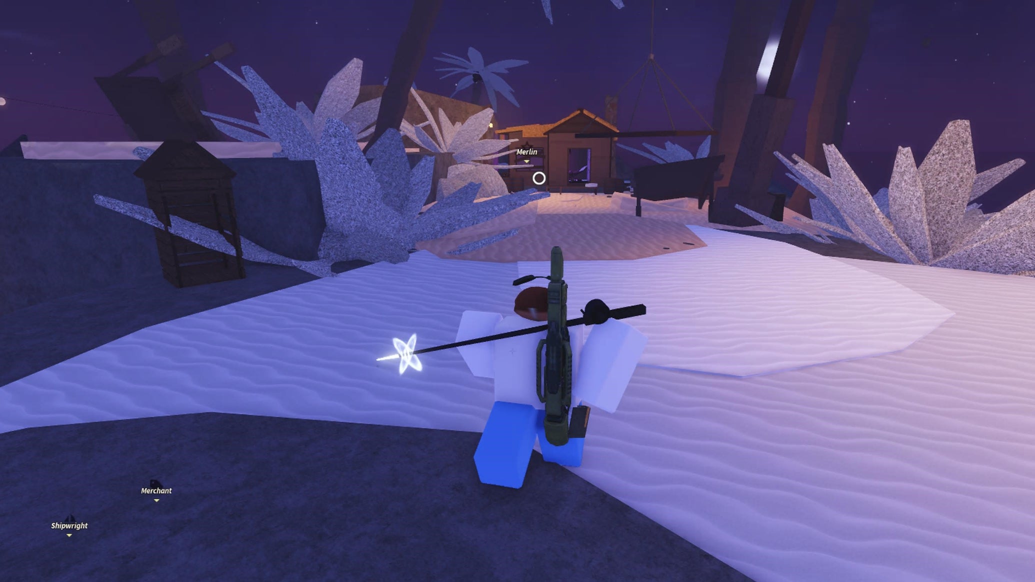 A fisherman walking towards Merlin's hut in the Roblox game, Fisch. - 1