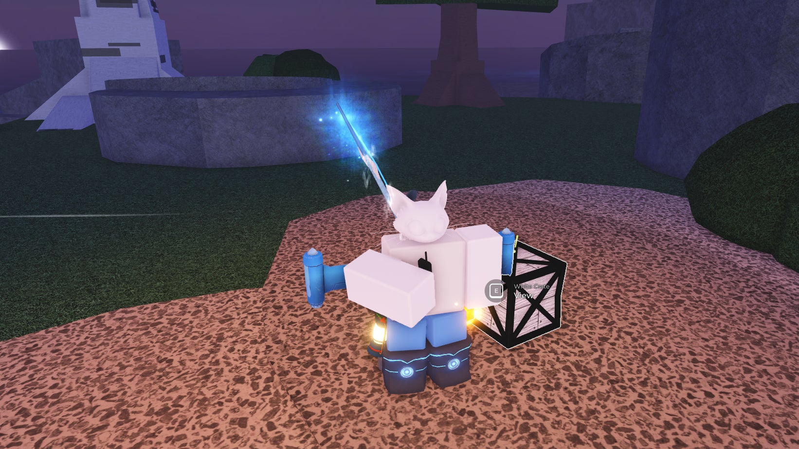A Roblox character standing next to the white crate mentioned by the message in a bottle in Fisch. - 3