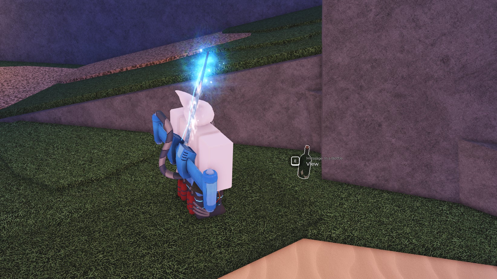 A Roblox character standing next to the message in a bottle on Moosewood in Fisch. - 1