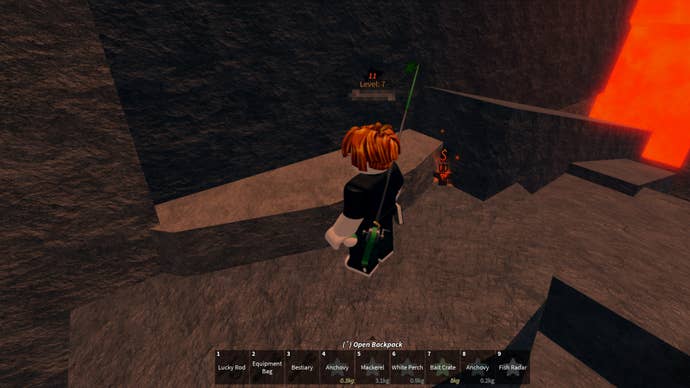 A Fisch player standing next to the Meteor Totem located in the volcano on Roslit Bay.