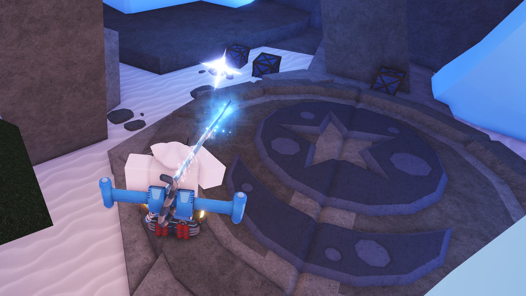 A Roblox character standing next to the Blue Moon door on Snowcap Island in Fisch. - 1