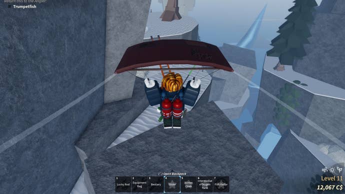 A Roblox character using a glider to explore the Northern Expedition in Fisch.