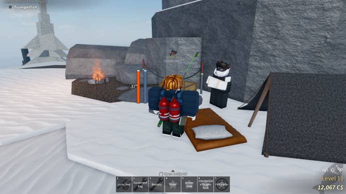 A Roblox character standing near the Inn Keeper NPC during the Northern Expedition in Fisch.