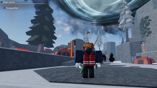 A Roblox character at the top of the Northern Expedition mountain in Fisch.