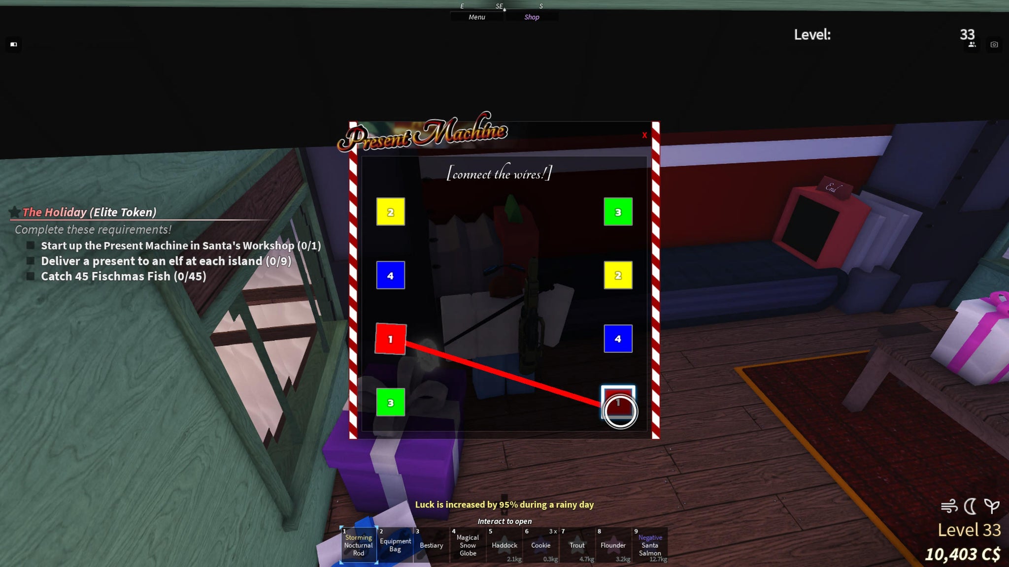 A puzzle in Fisch showing the wiring of the Present Machine in Santa's Workshop. - 7