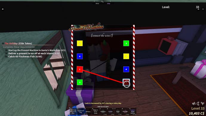 A puzzle in Fisch showing the wiring of the Present Machine in Santa’s Workshop.